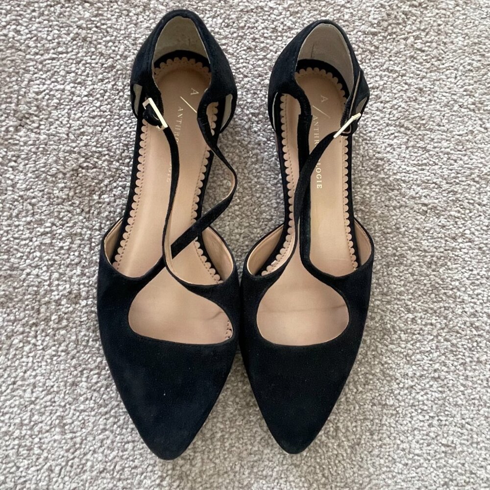 Anthropologie Pointy Toe Cross Strap Flats in black suede